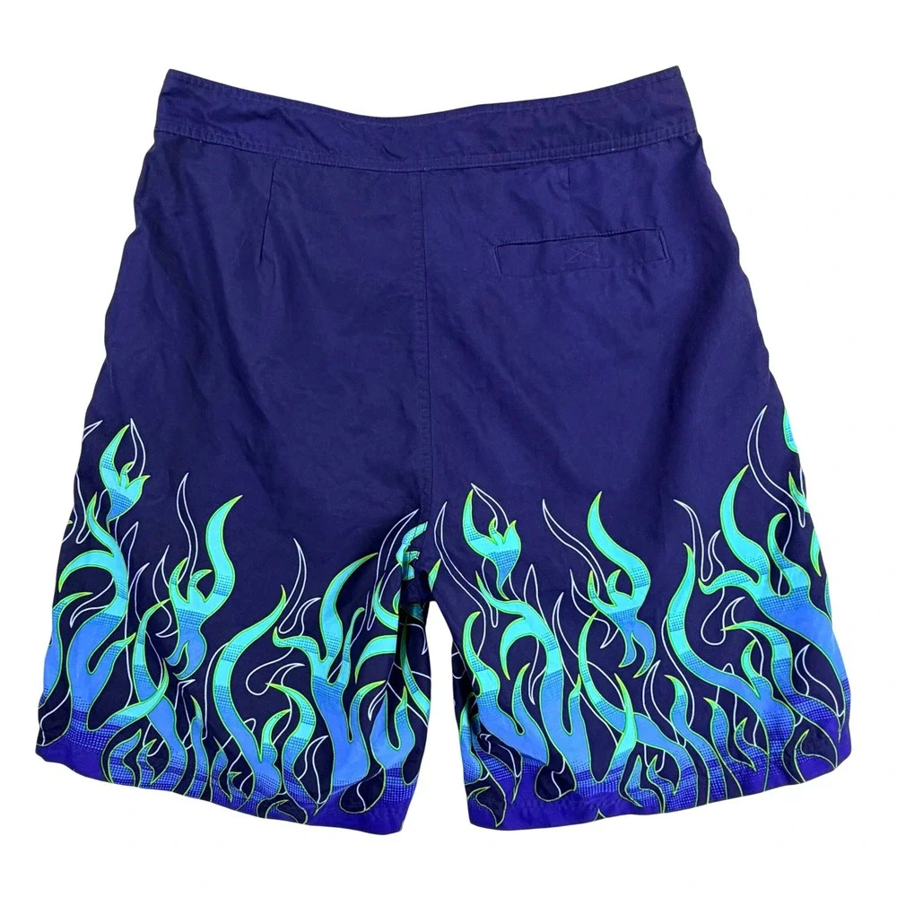 Utility Flame Print Baggy Board Shorts Men 34 Blue Surf Swim Trunks Y2K Vintage